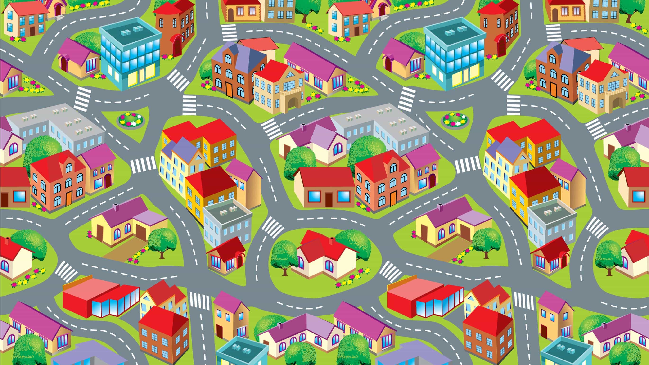 Cartoon image of a map with houses and roads.