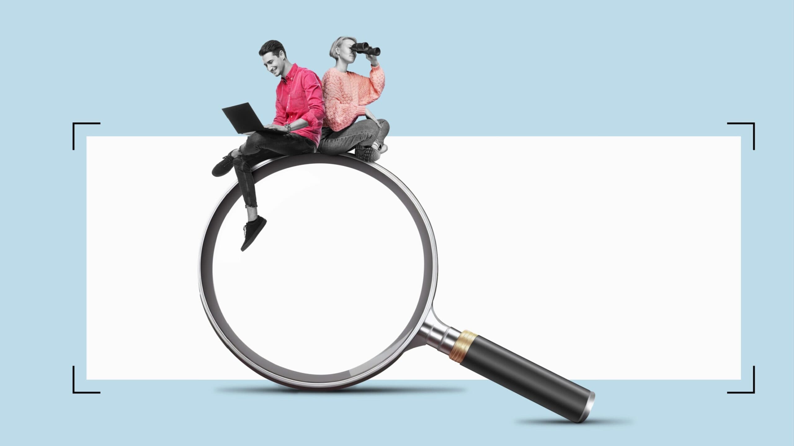 Blue background with a large magnifying glass and two people sat on top on laptops