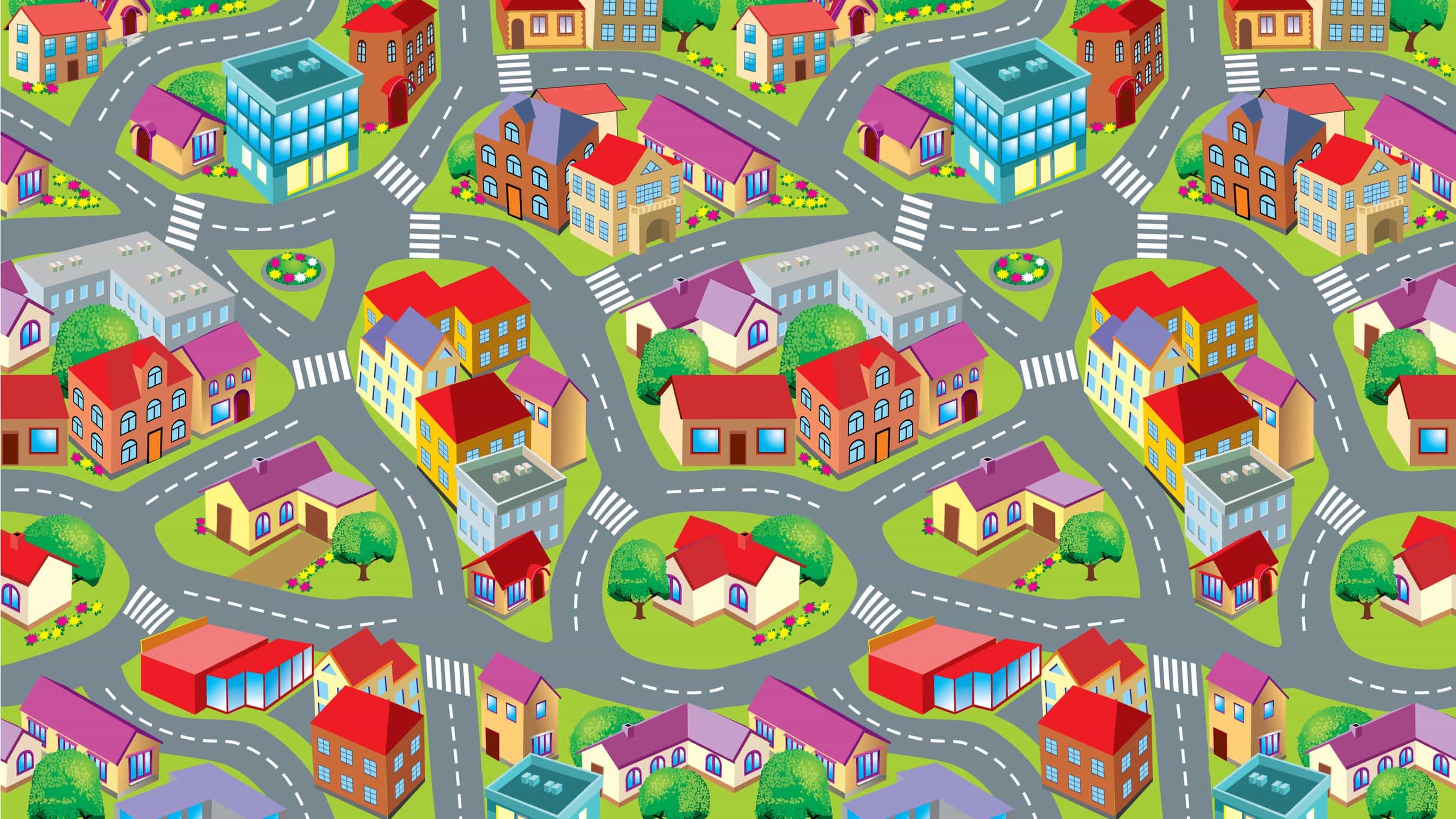 Cartoon image of a map with houses and roads.