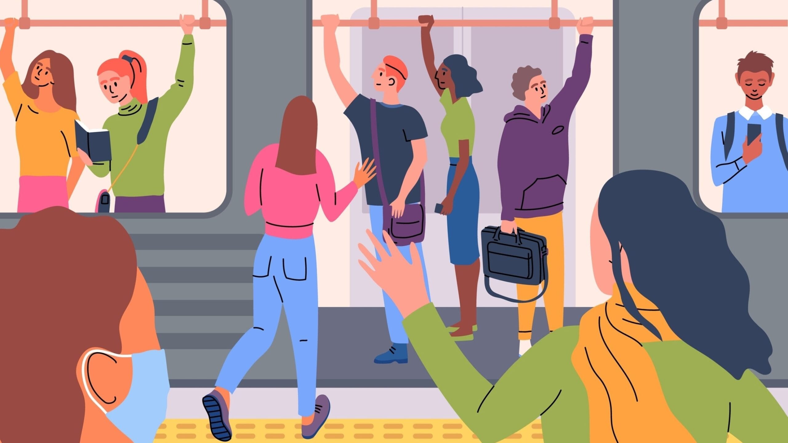 Cartoon commuters running for a train