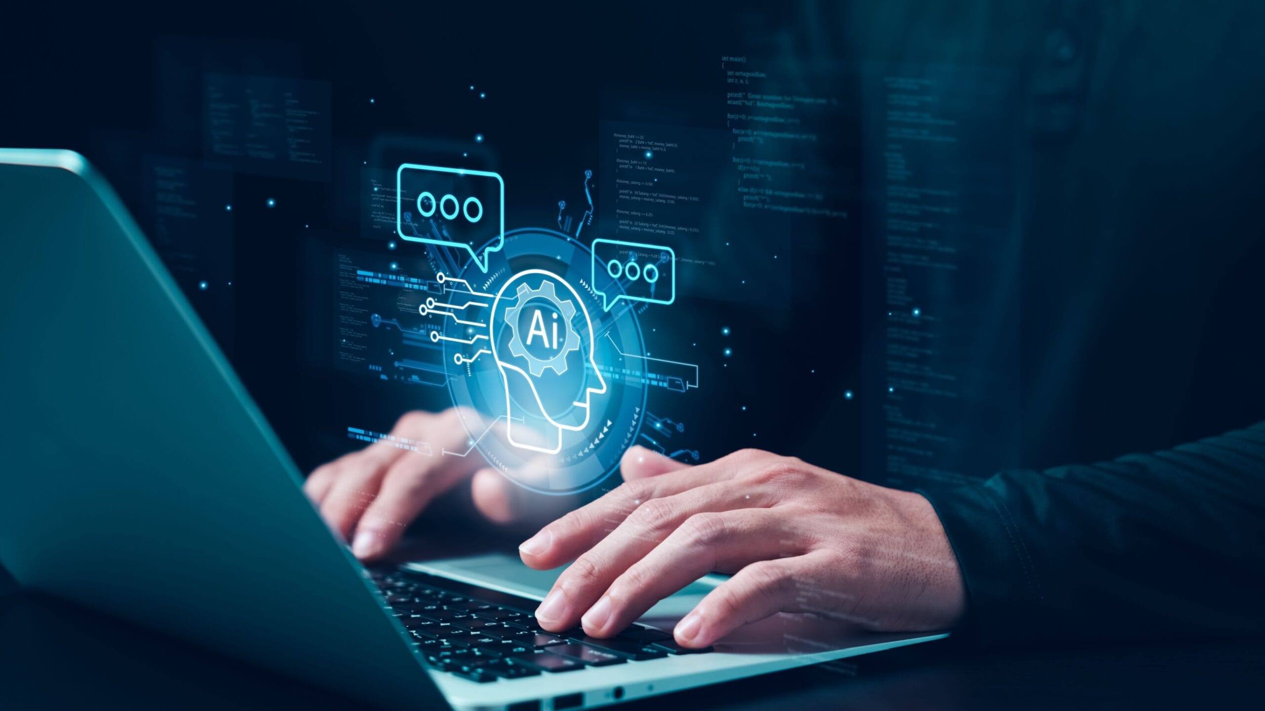 Image of a laptop with someone typing and blue AI graphics emerging from the laptop