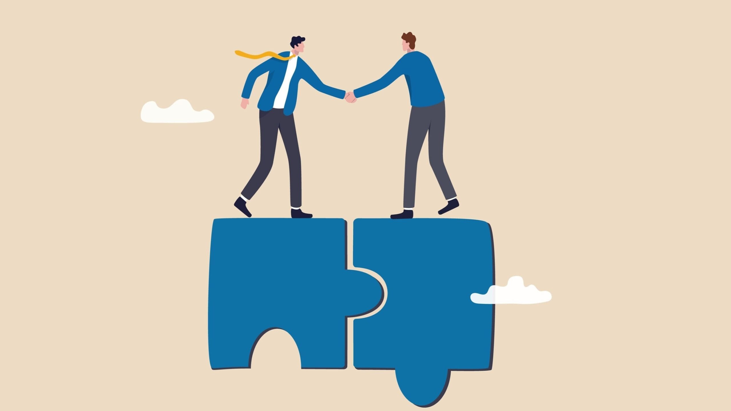 Image of two jigsaw pieces with people stood on top shaking hands