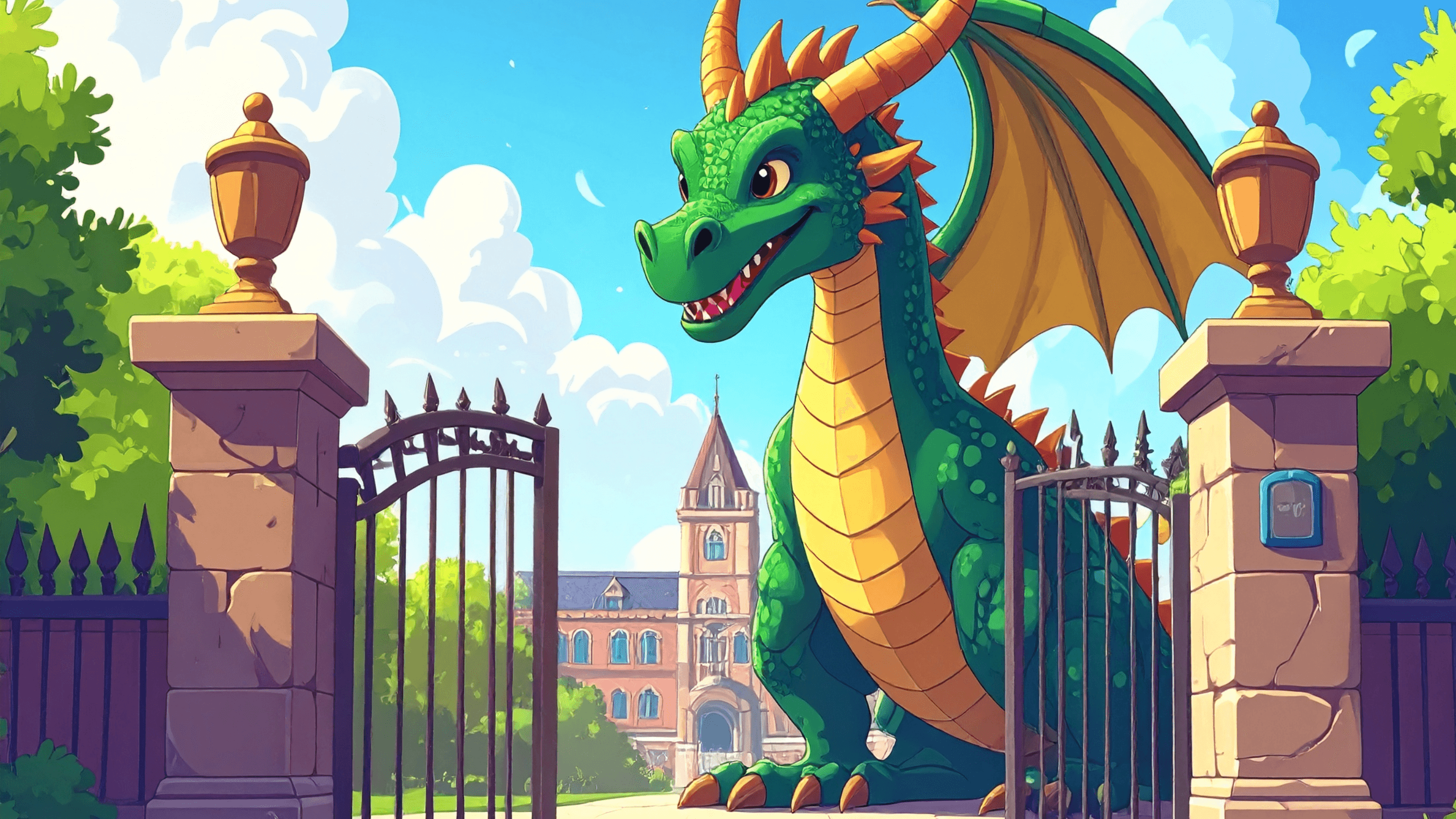 Green cartoon dragon stood behind gates
