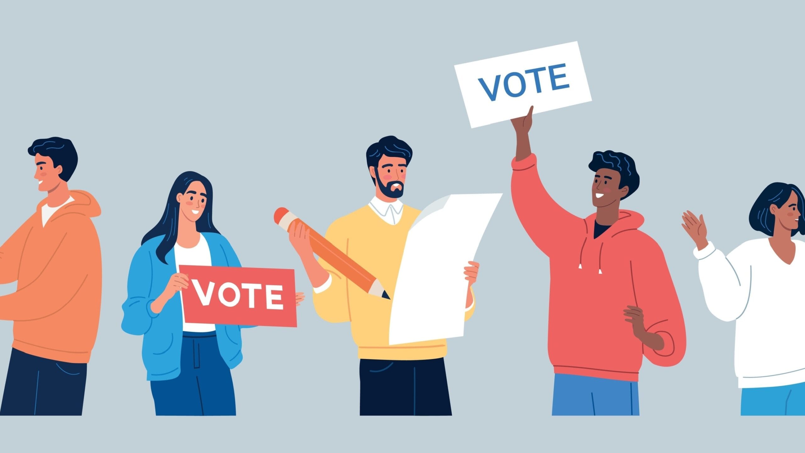 Cartoon image of five candidates with placards campaigning in an election