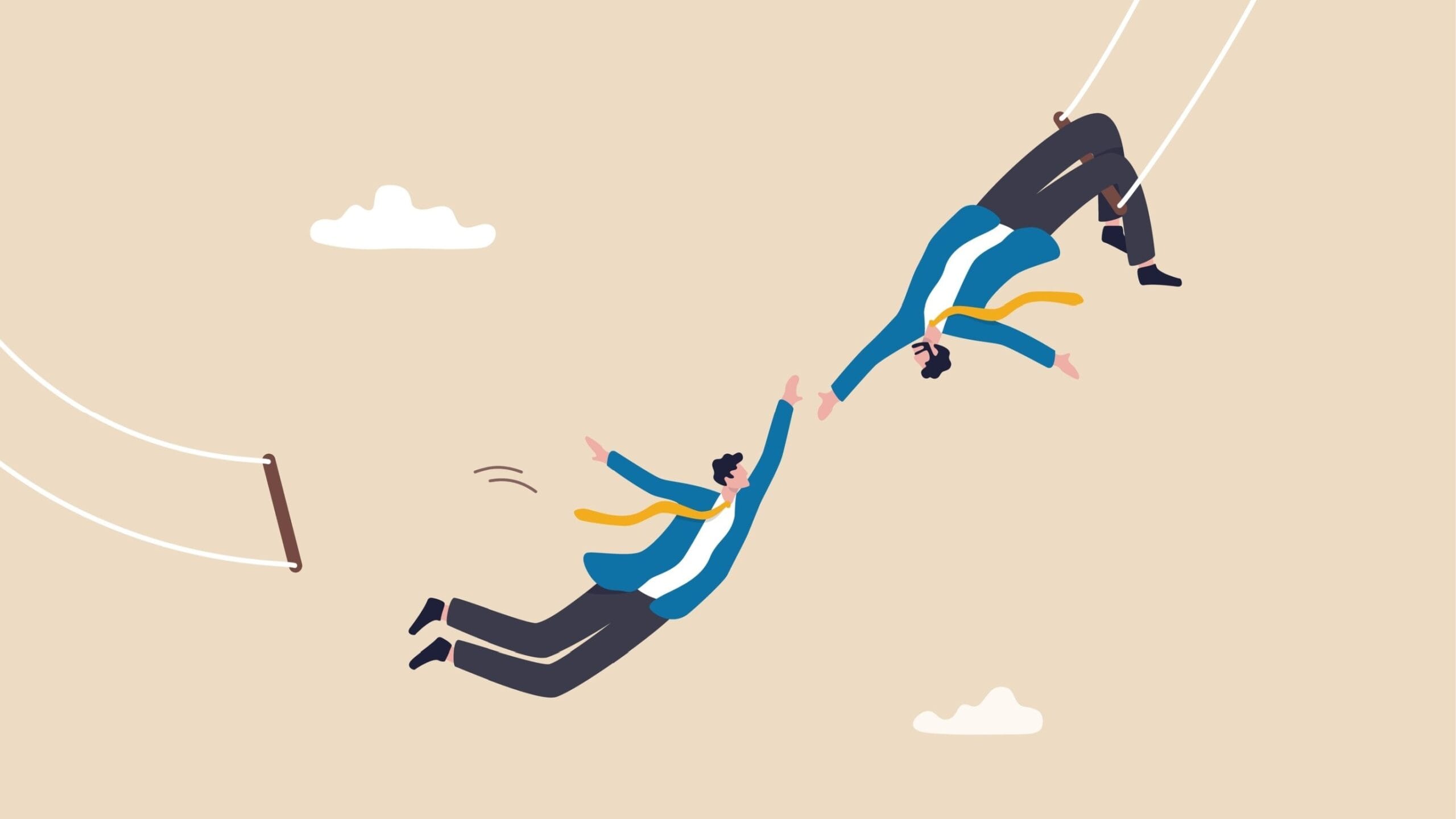 Cartoon image of two trapeze artists in suits reaching out to each other
