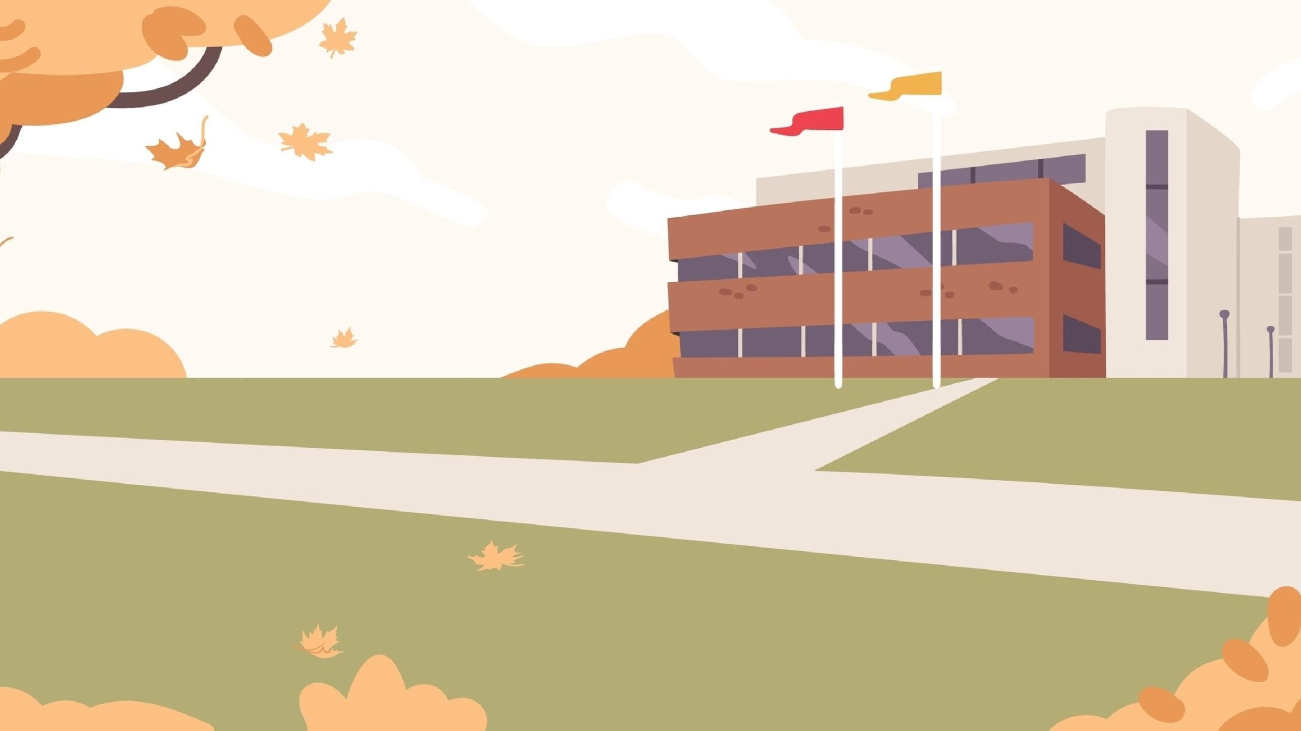 Cartoon image of a campus building, green grass and a path