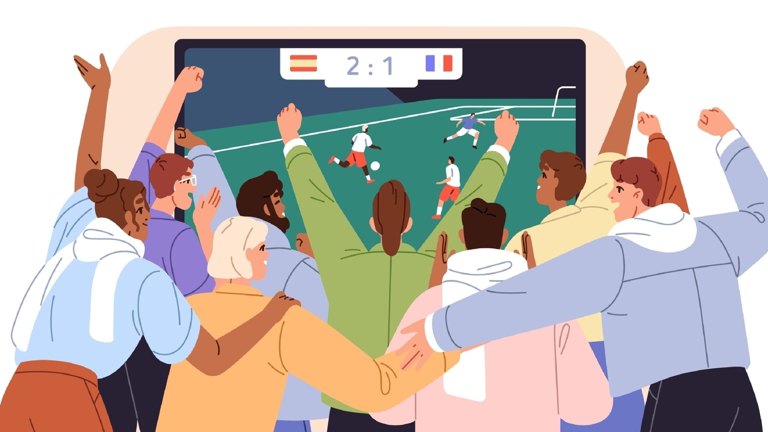 Image of cartoon figures celebrating watching sport on TV