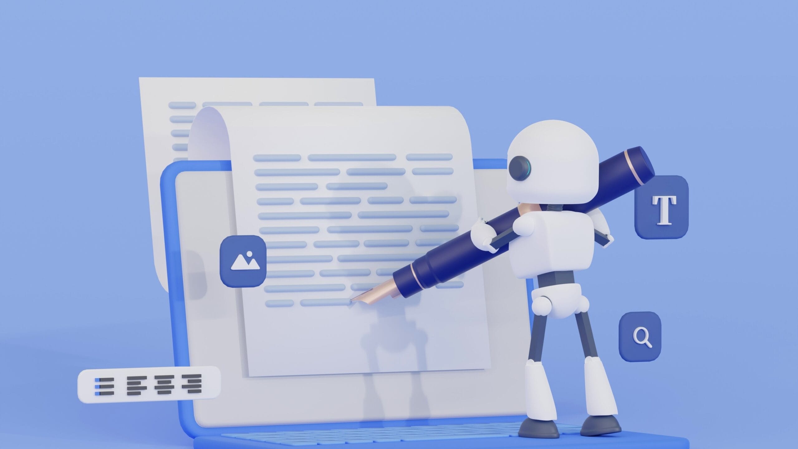 Cartoon image of a robot writing text on a laptop screen