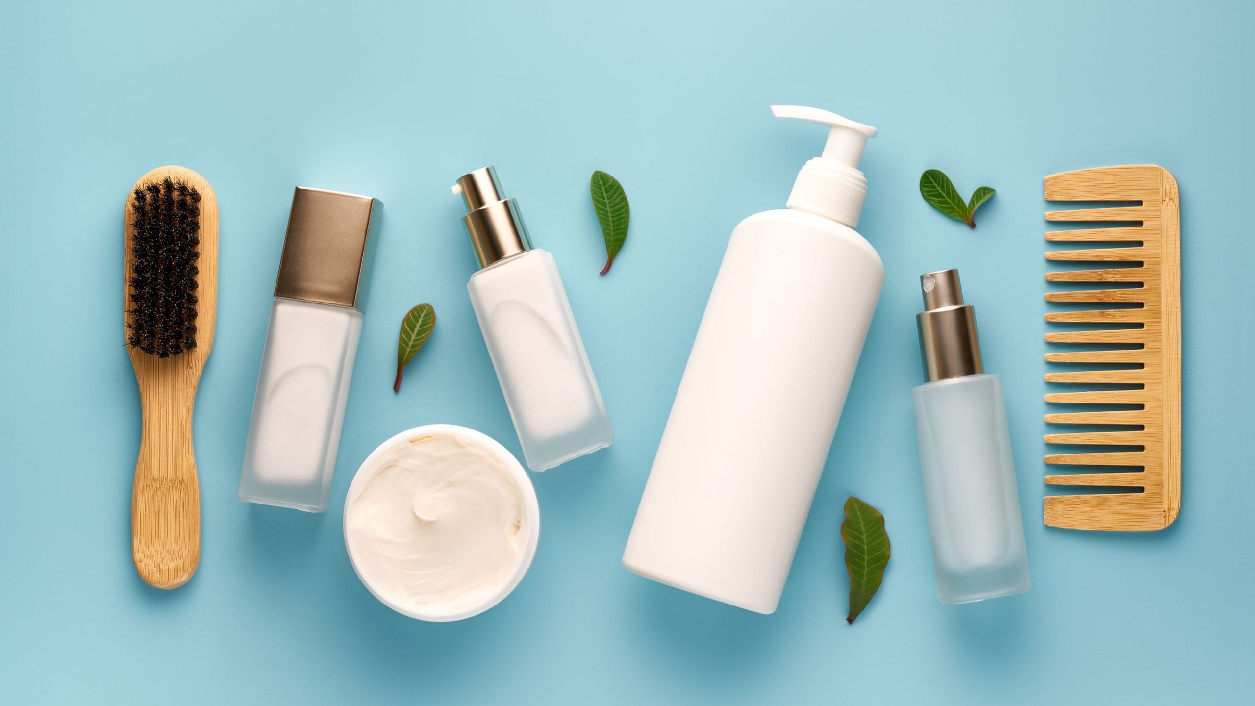Blue background, images or various haircare products