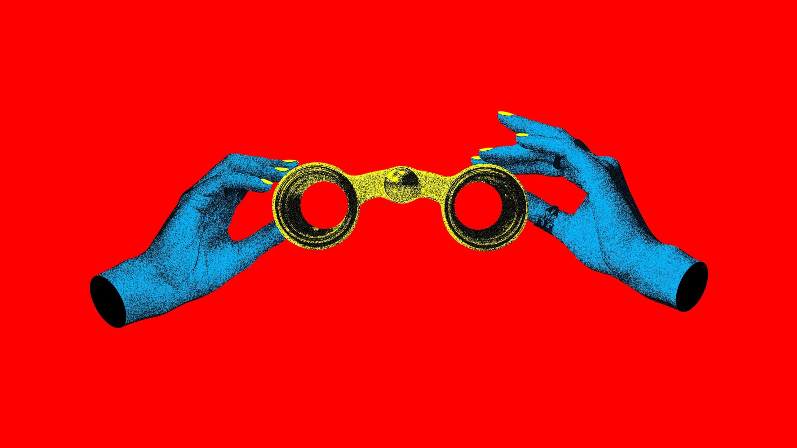 Red background with yellow binoculars and blue hands adjusting them