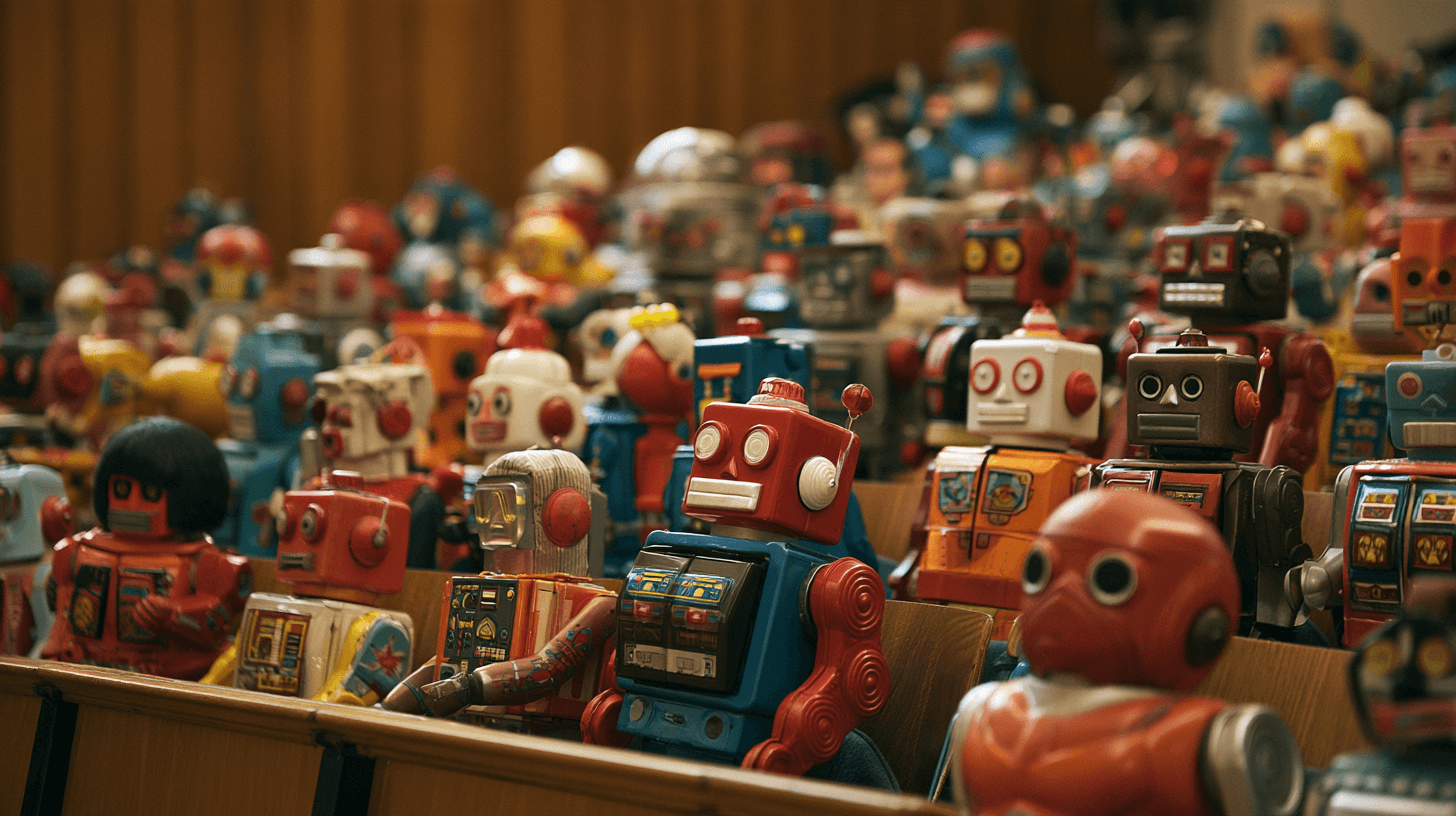 Rows of vintage toy robots seated in a lecture theatre