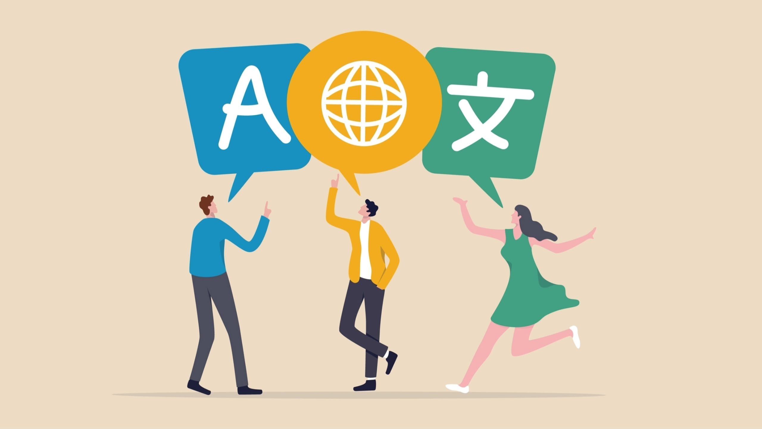 Image of three people with large speech bubbles with different language