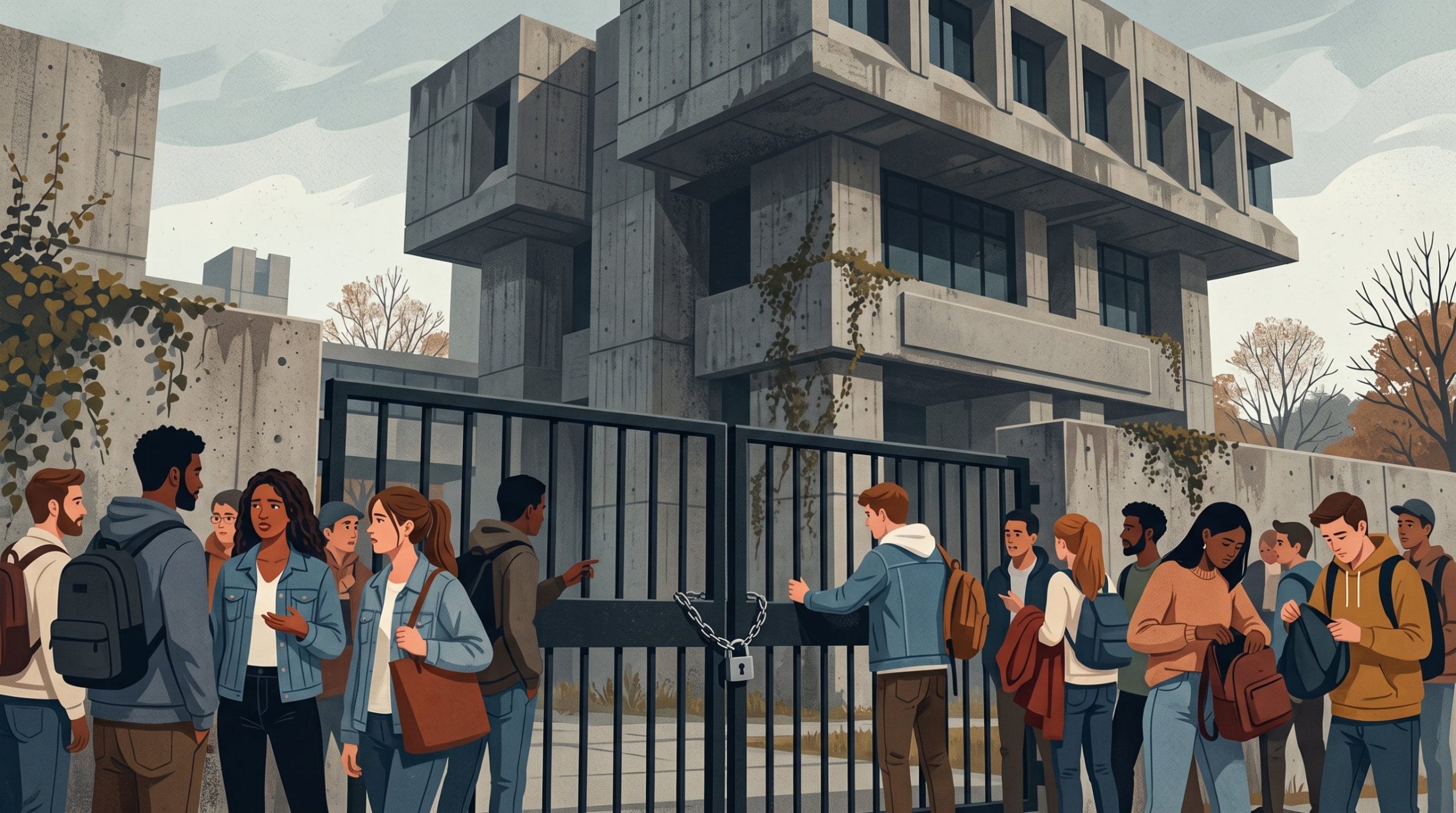 Students gathered outside a locked gate in front of a brutalist concrete university building