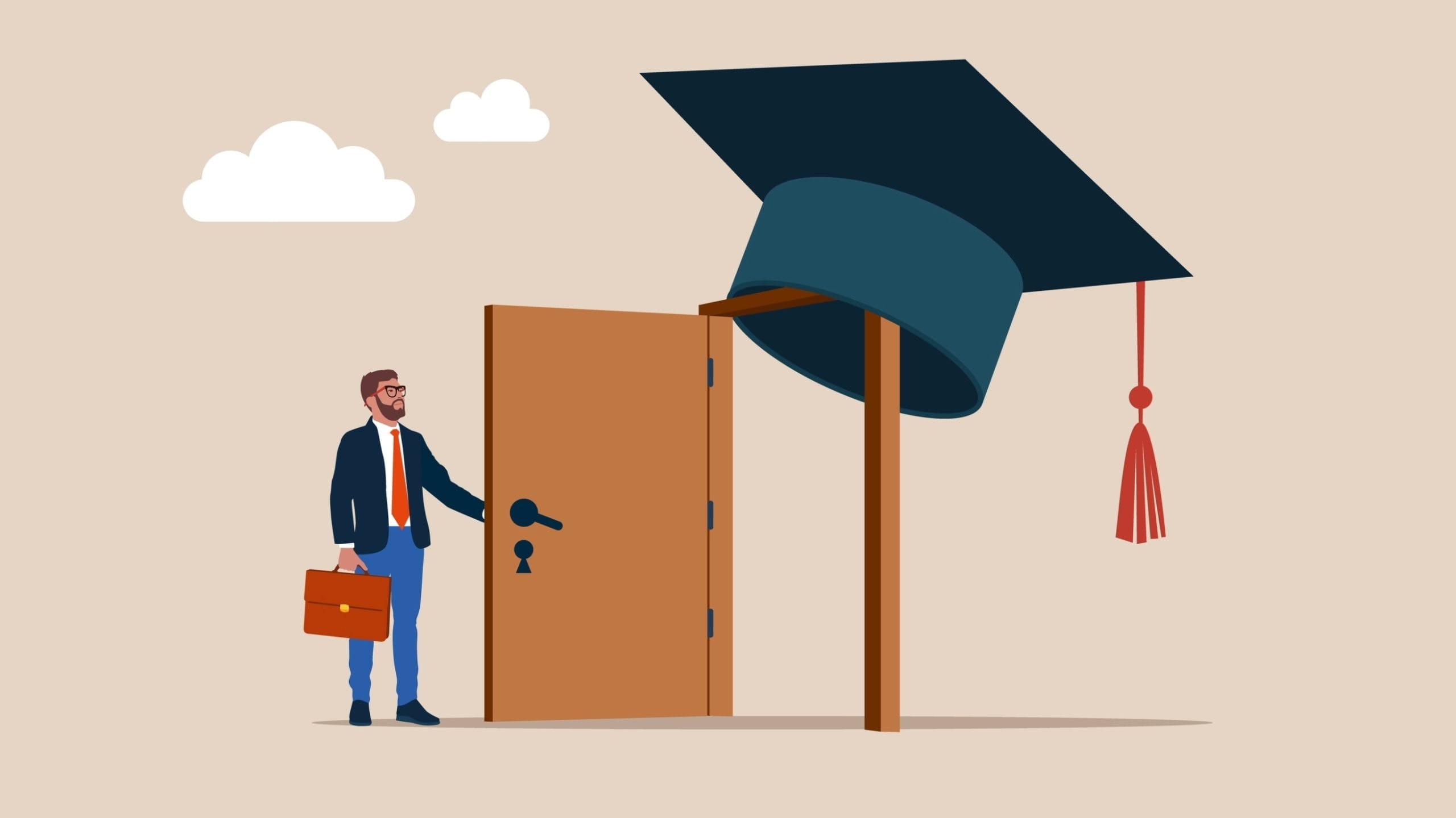 Image a business man walking through a door with a degree cap on