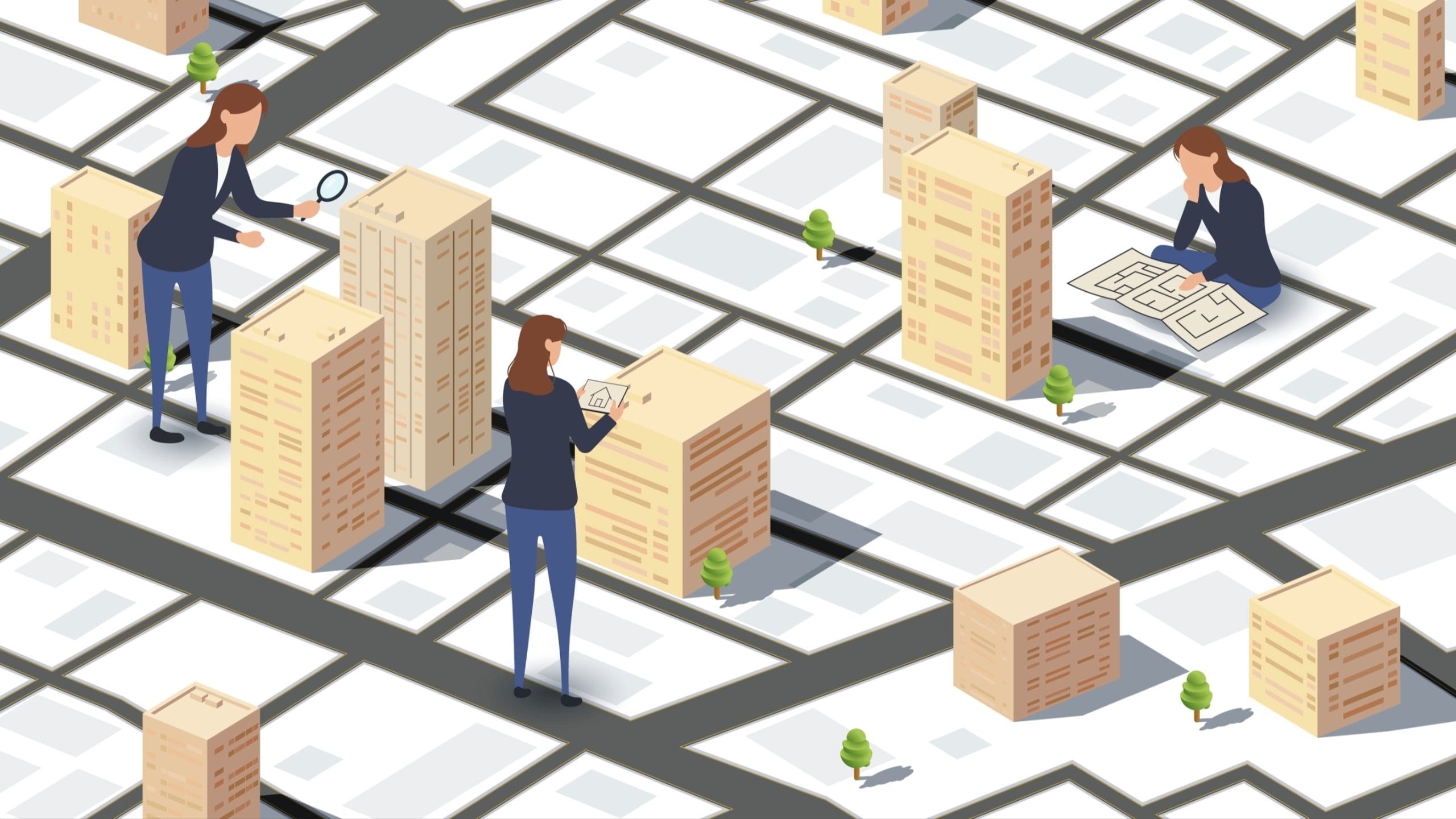 Image of a city skyline with people looking at it with magnifying glasses