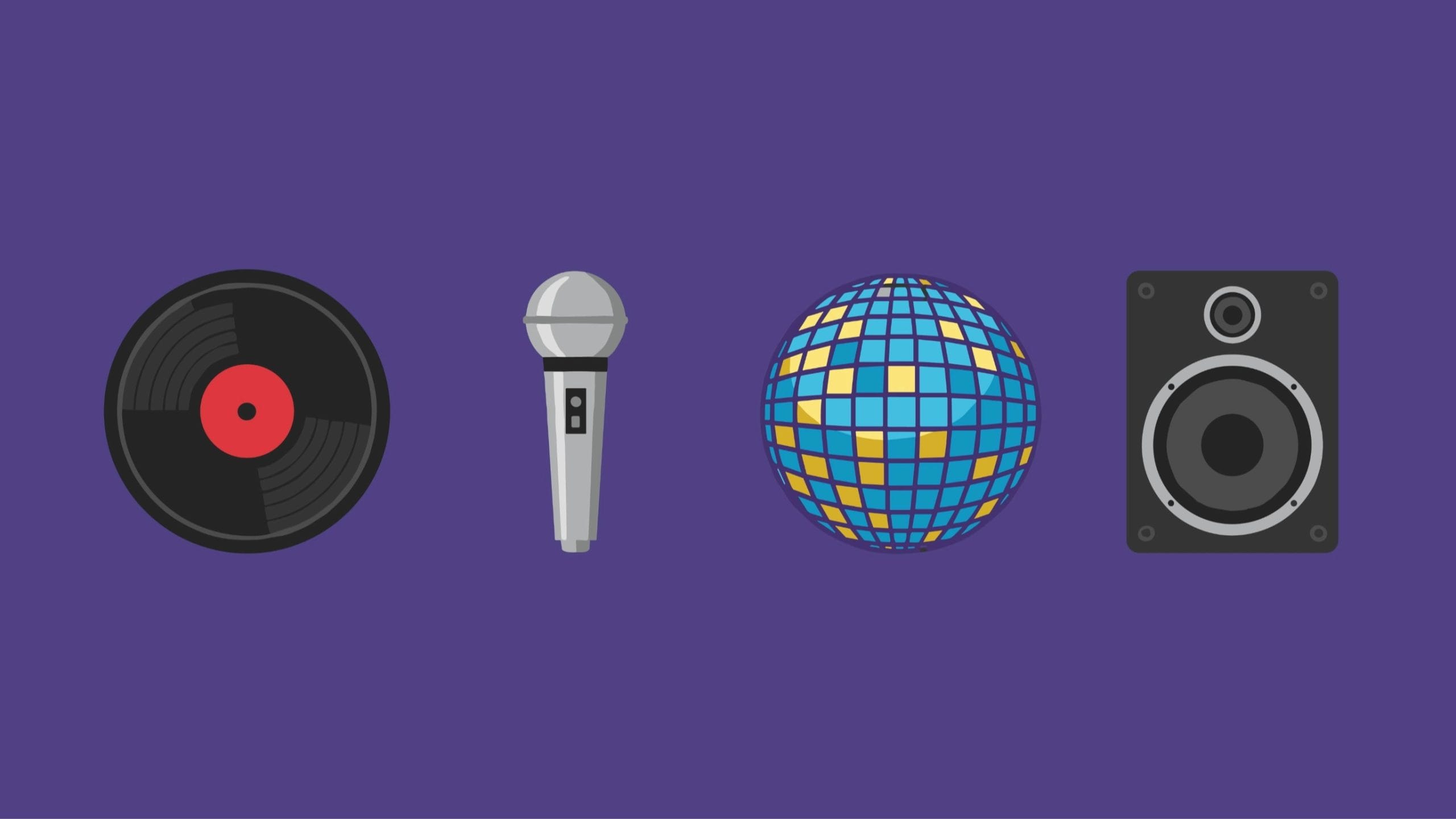 Image of a vinyl record, microphone, disco ball, and speaker