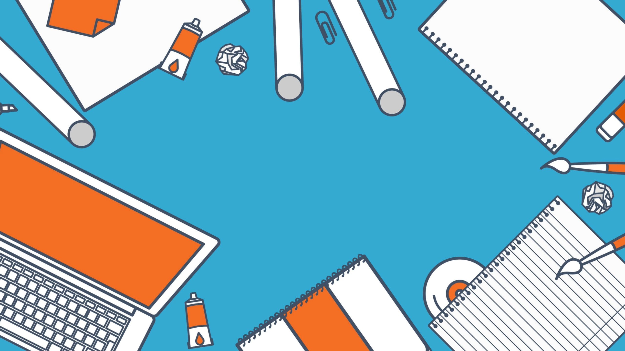 Image of laptops, paper, pens, and art supplies