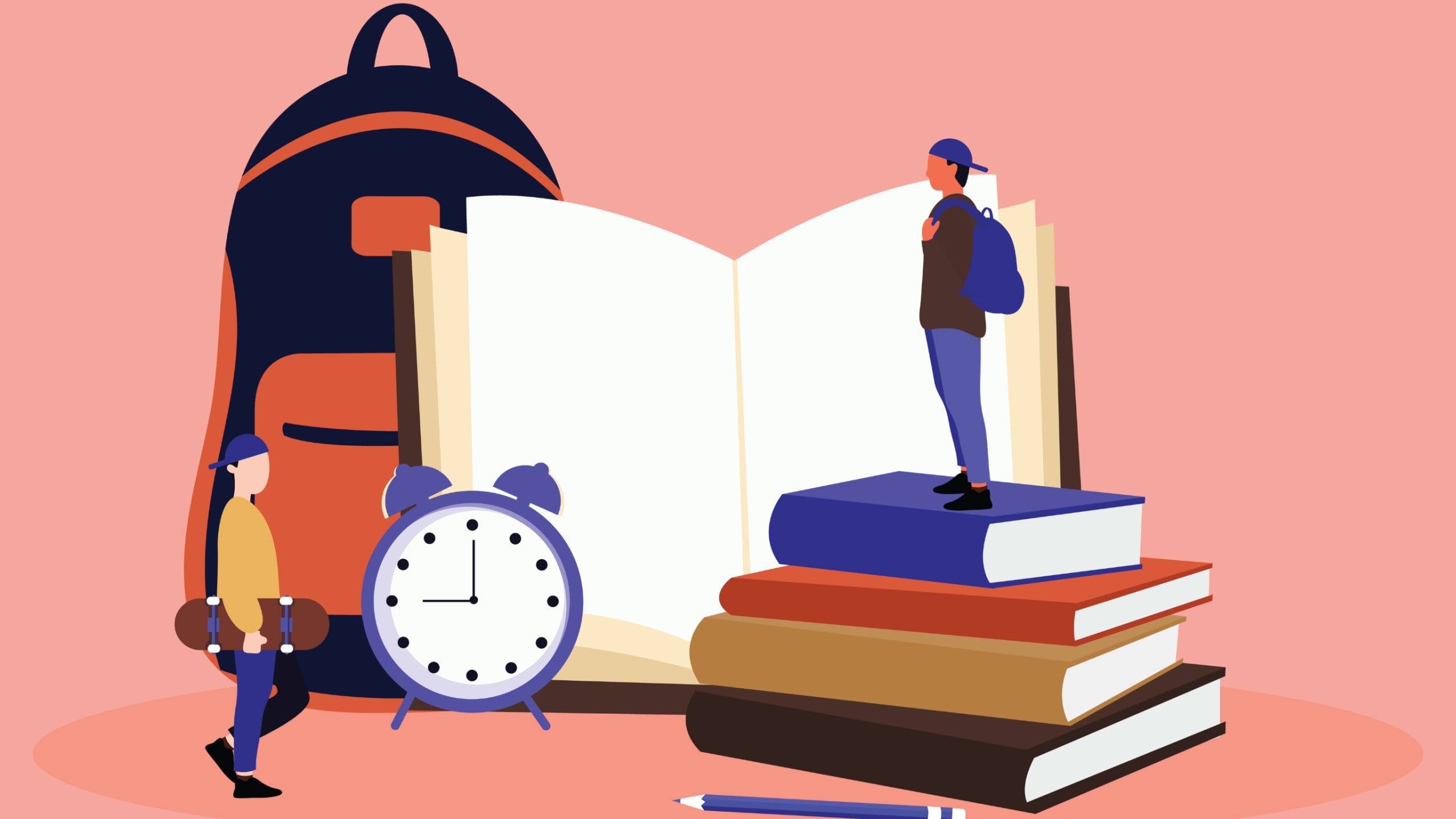Illustration of a student on top of books with their student essentials
