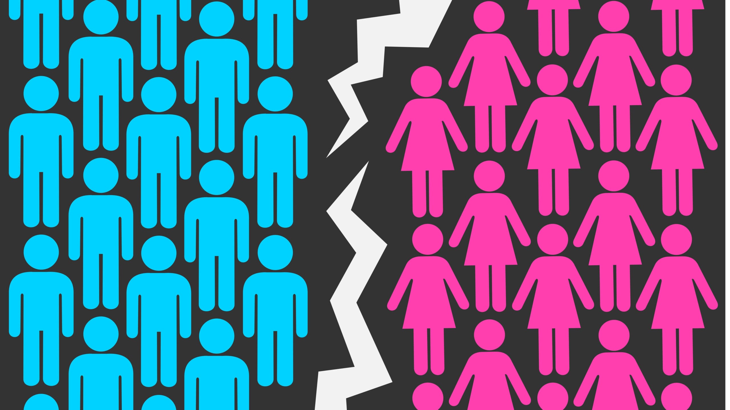 A black canvas shows pink women figures on the right hand side and blue male figures on the other. The groups are divided by a white crack.
