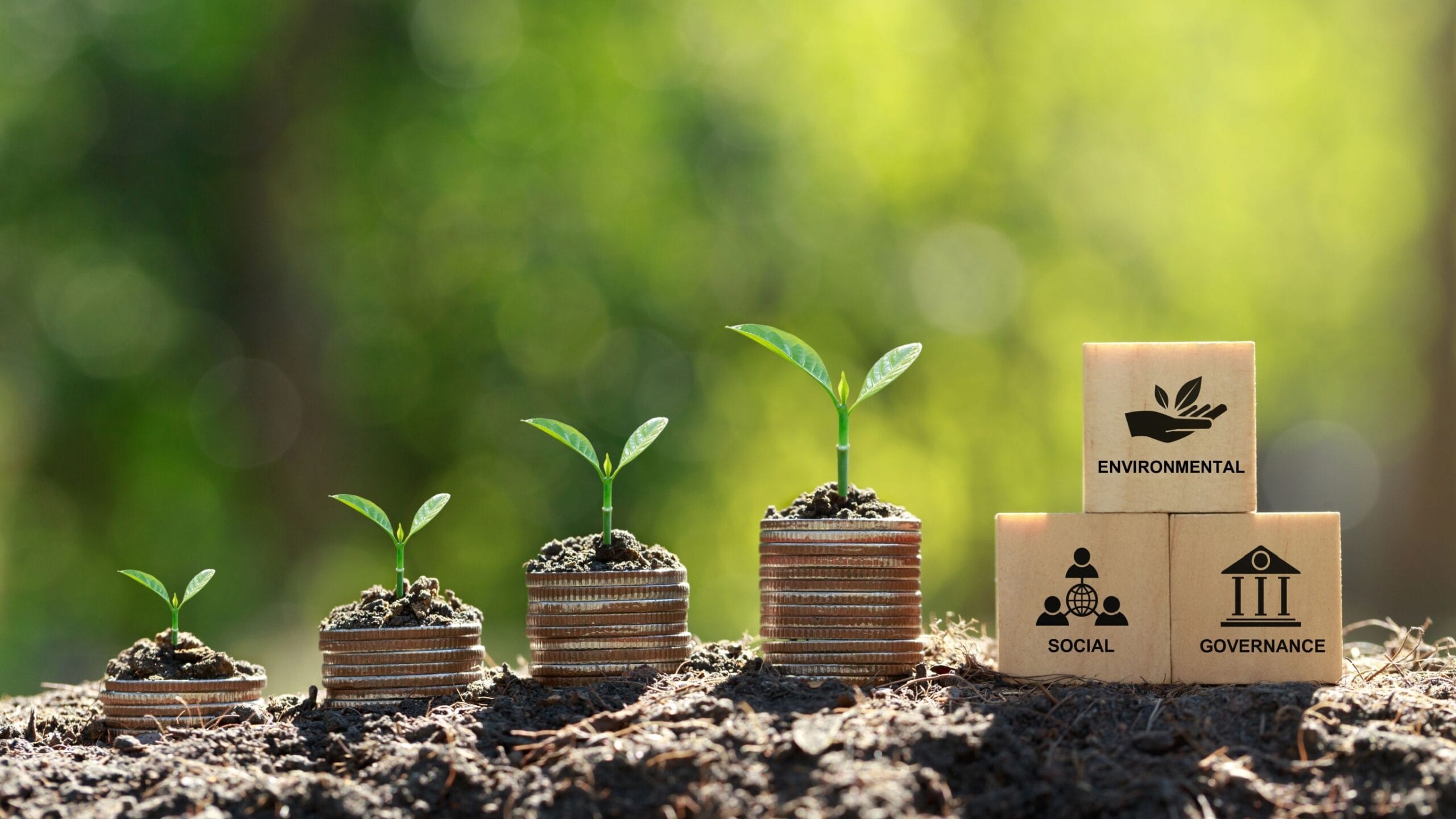 Image of four stacks of pennies with green shoots growing out of them and three blocks stating "environmental, social and governance"