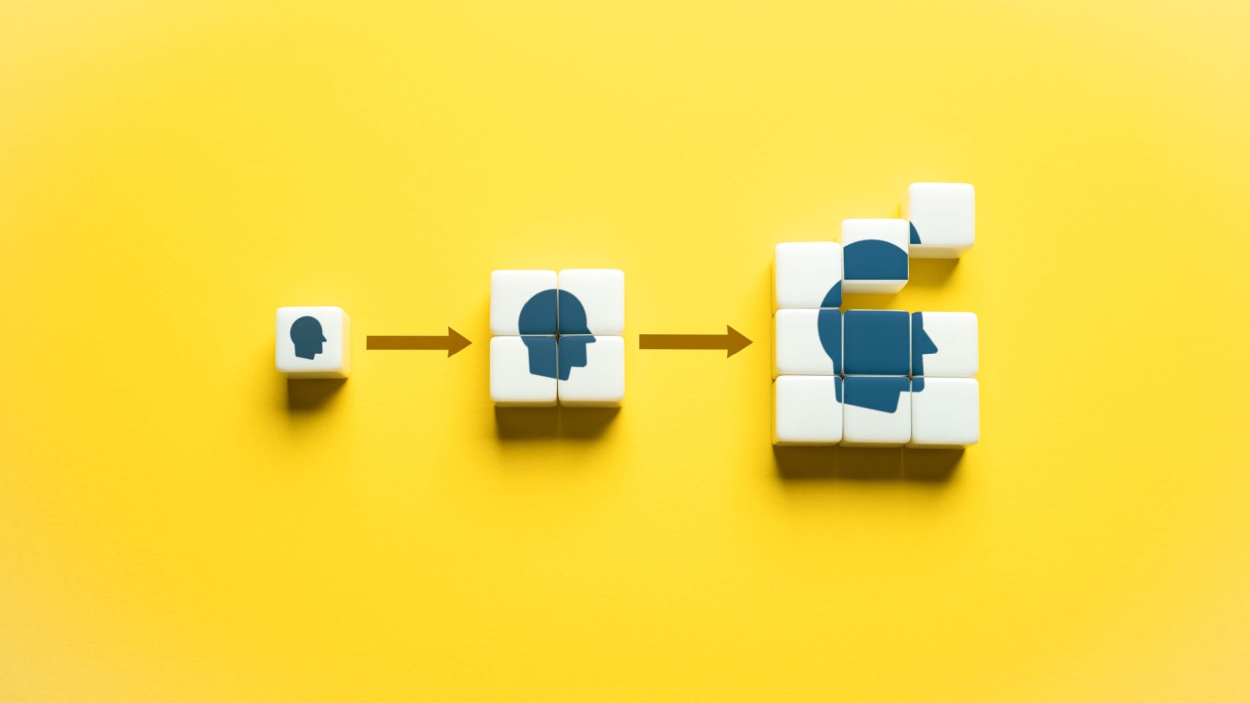 Image of a yellow background with blocks with a face silhouette and being broken into more blocks following three arrows representing growth