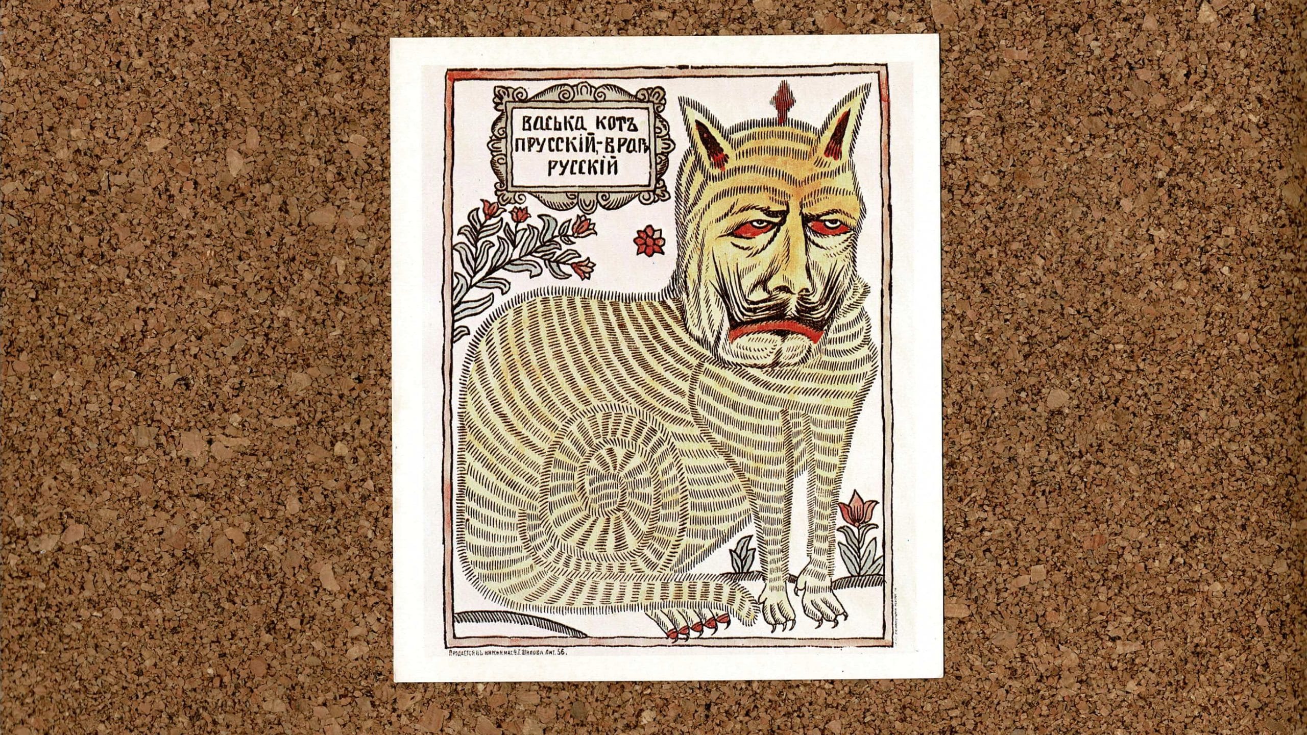 A cork board with a postcard of a cat on