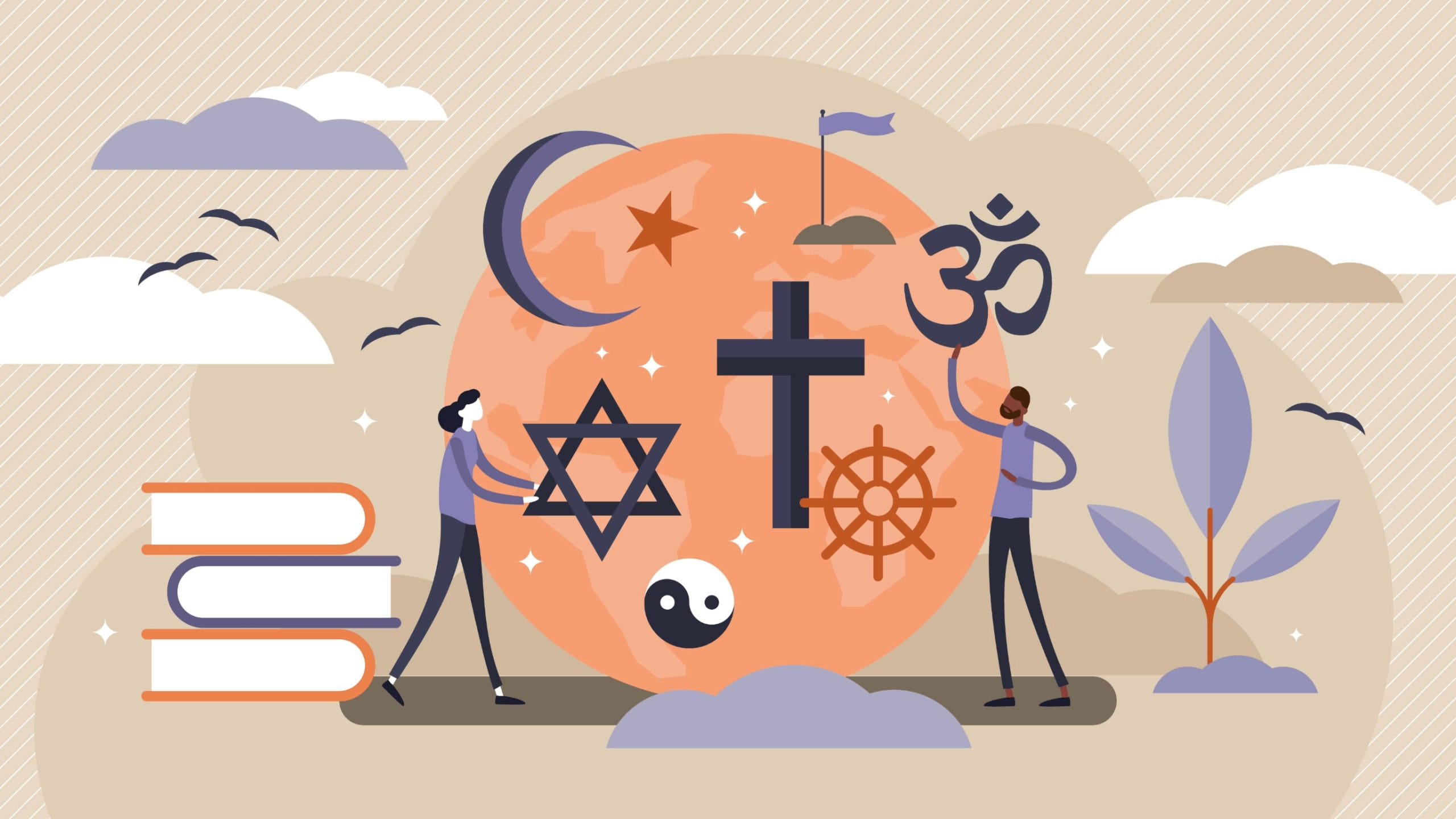 Image of faith symbols, two people and a pile of books