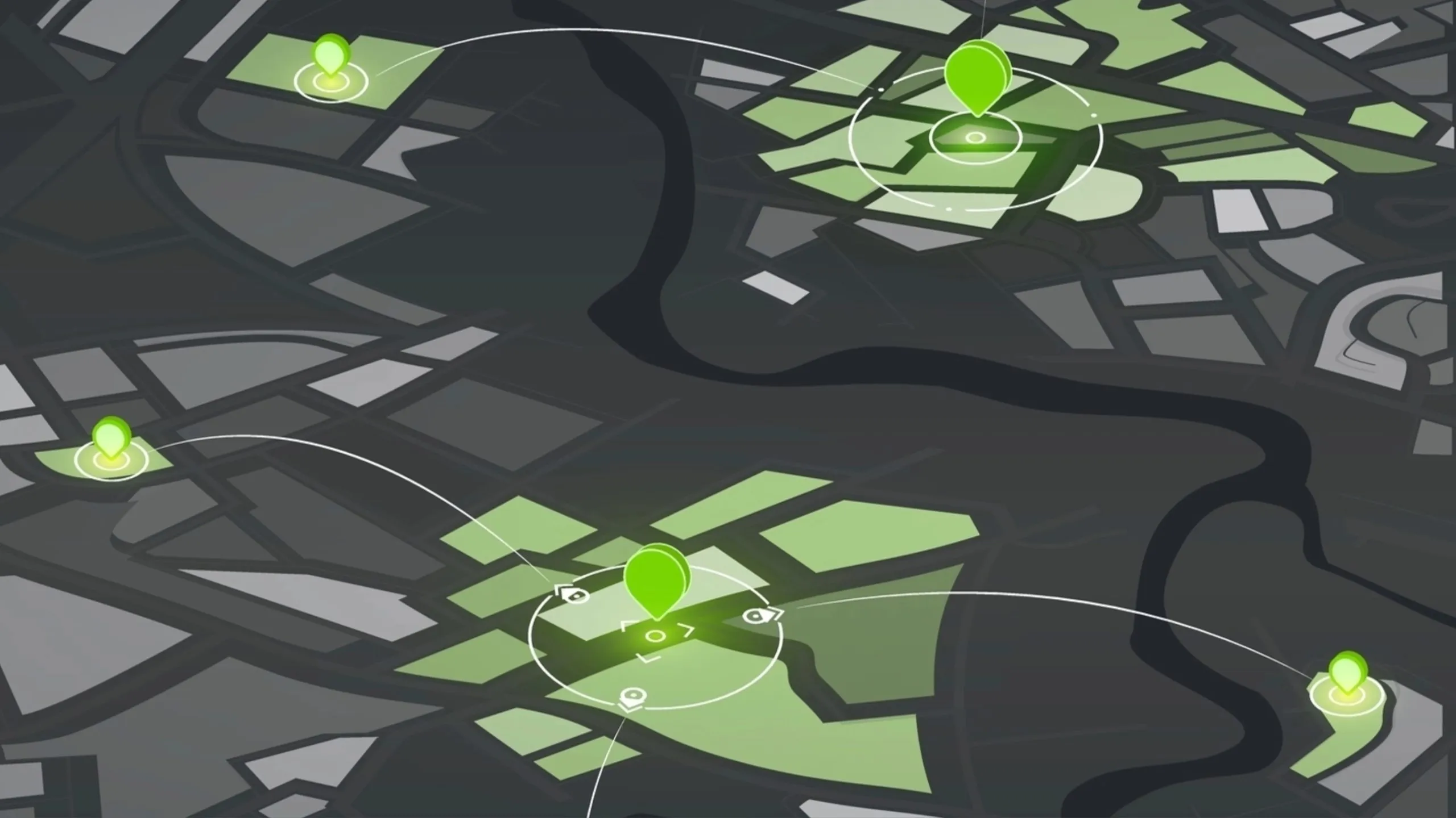 Image of a map with green highlighted areas with arrows linking to satellite locations