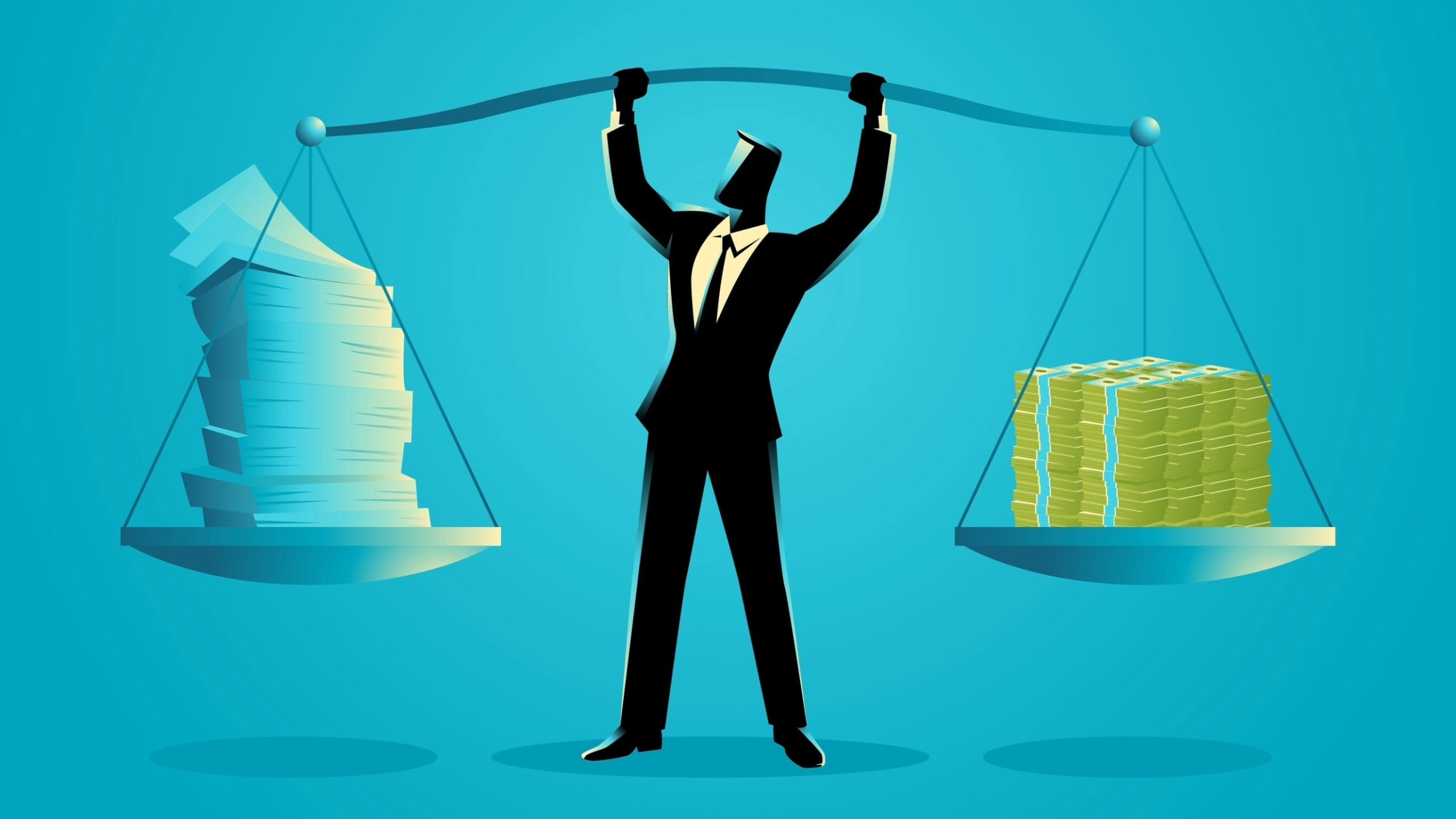 Image of a person holding a weighing scales with papers on one side and money on the other