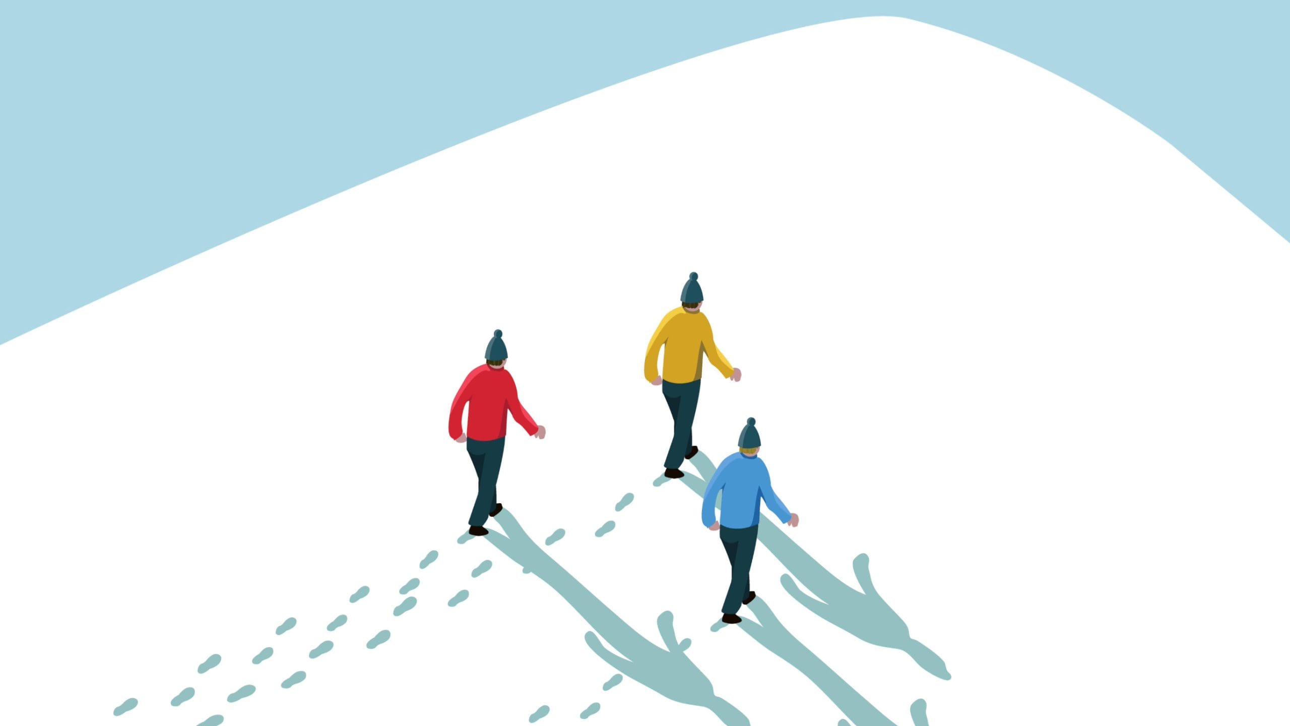Image of three people hiking up a hill in the snow leaving footprints behind them