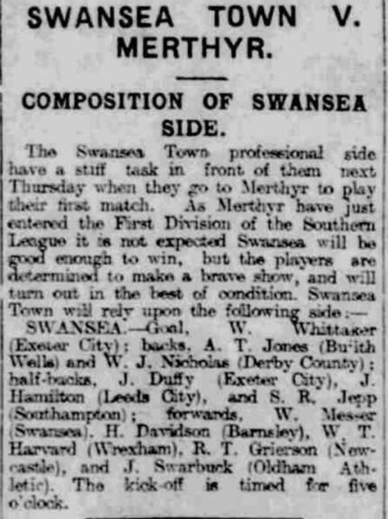 Newspaper report of Swansea vs Merthyr on 3 September 1912