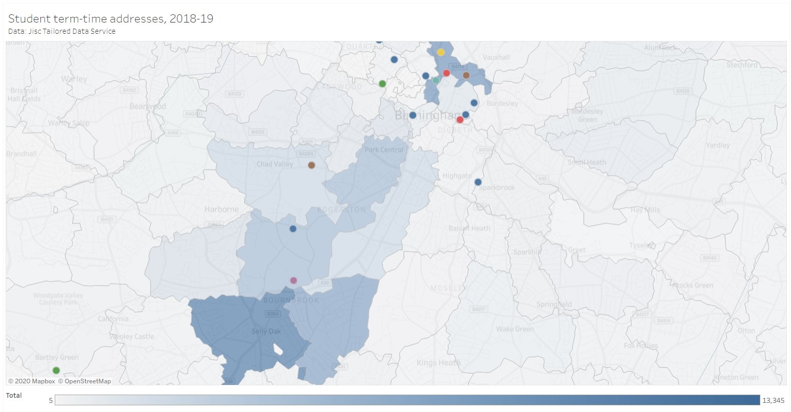 Map of Birmingham, showing concentrations of students. An interactive version is available at the bottom of this article.