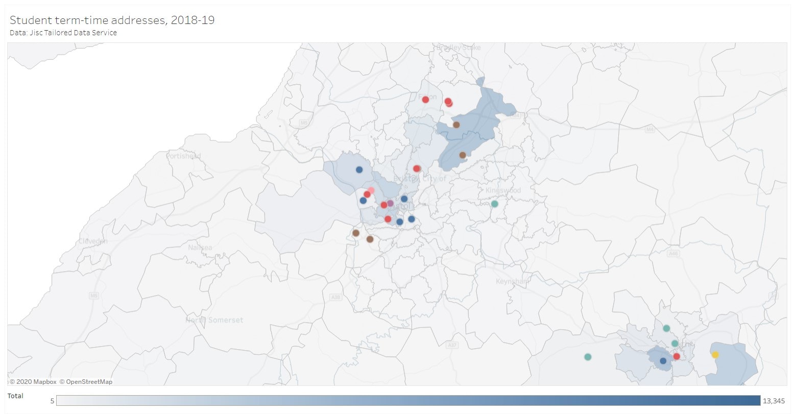 Map of Bristol showing student density. There's an interactive version at the bottom of the article.