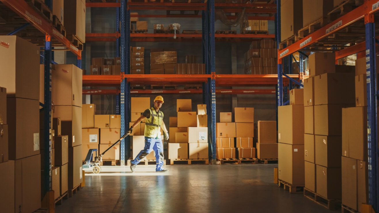 Worker,Moves,Cardboard,Boxes,Using,Hand,Pallet,Truck,,Walking,Between