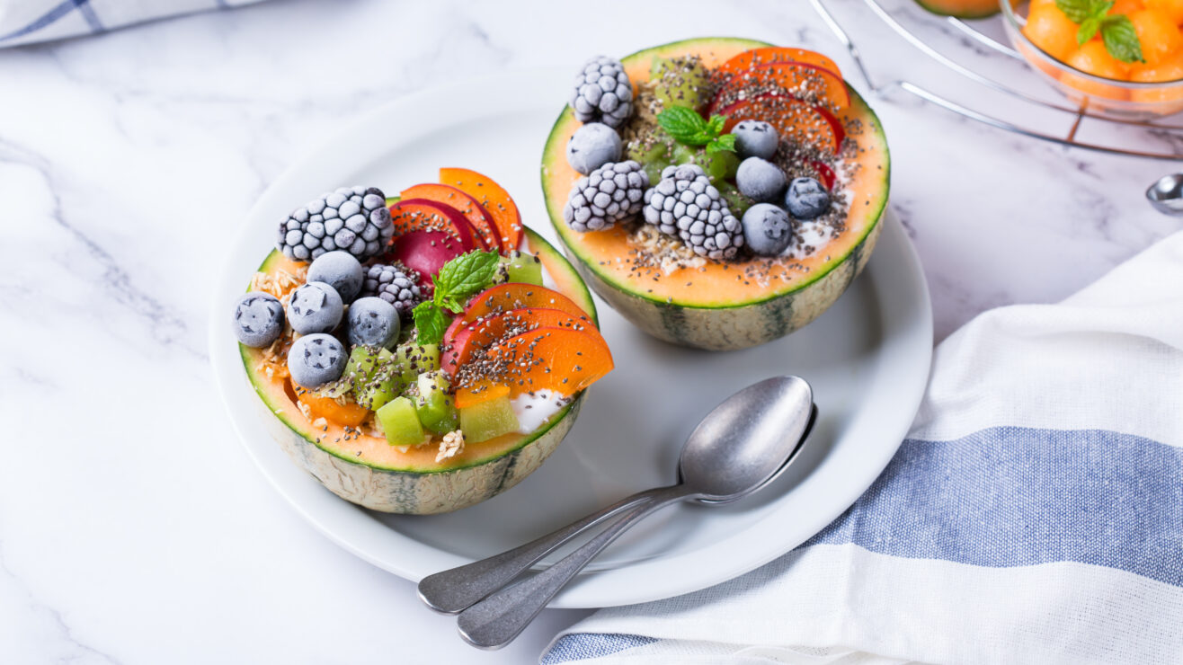 Fruit,Salad,With,Yogurt,In,Carved,Melon,Cantaloupe,Bowl