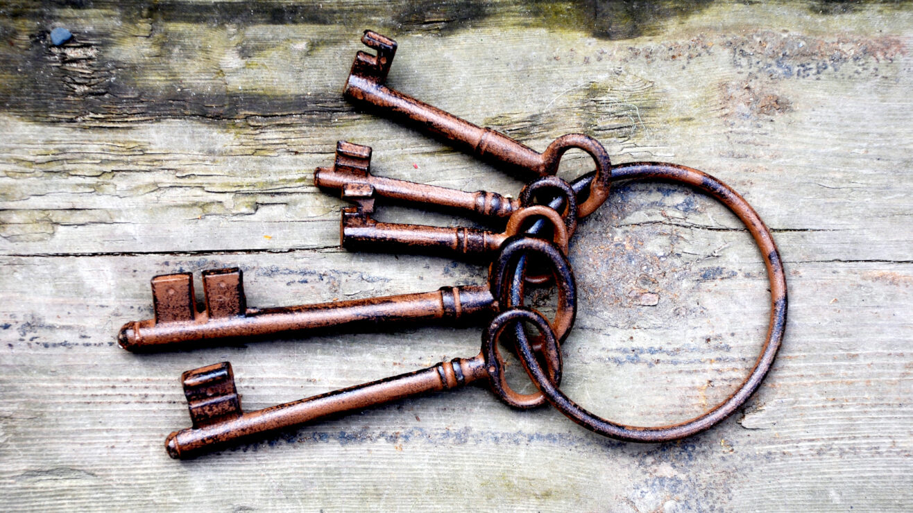 Antique,Copper,Keys,On,Old,Wooden,Background