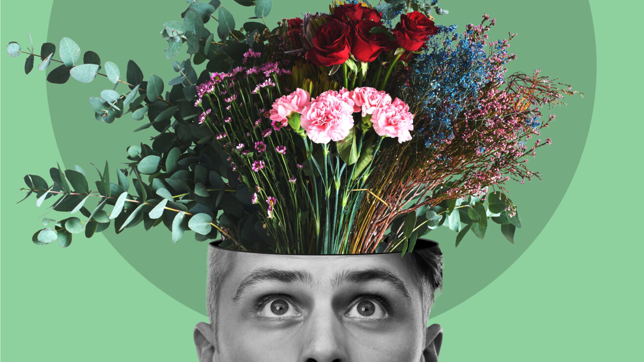 Mental,Health,,Flowers,And,Head,With,A,Man,In,Studio