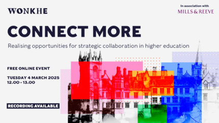 Connect more recording now available. Image of a university with coloured squares on it and the message that webinar recording is now available.