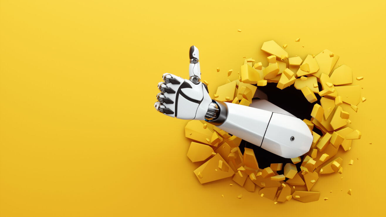 Robot,Hand,Showing,A,Bark,On,Yellow,Wall,Background.,3d