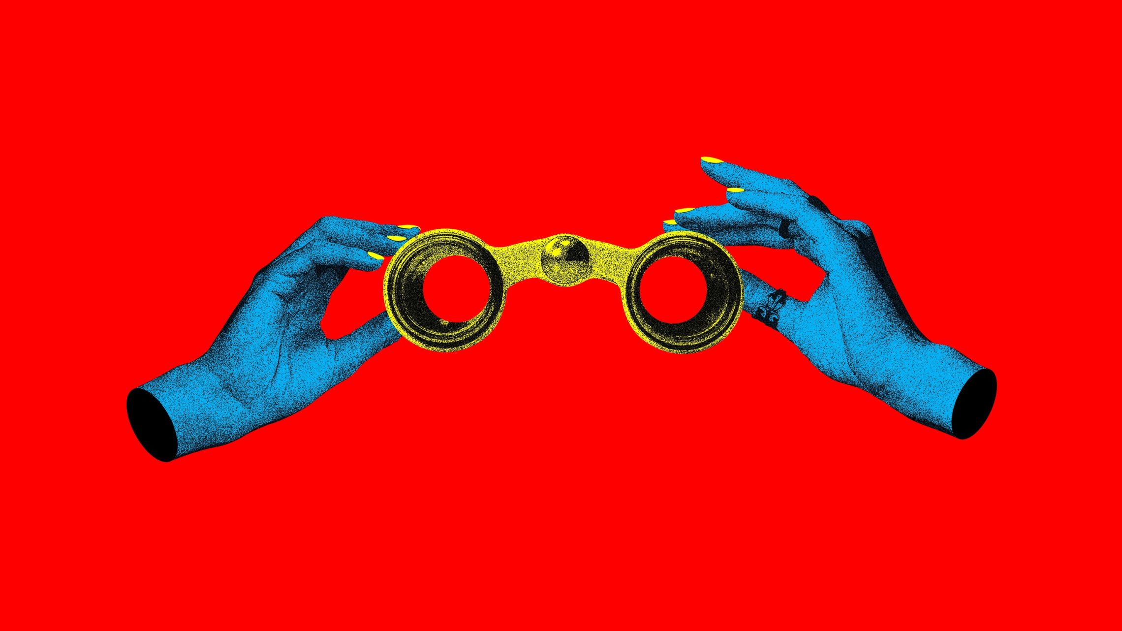 Red background with yellow binoculars and blue hands adjusting them